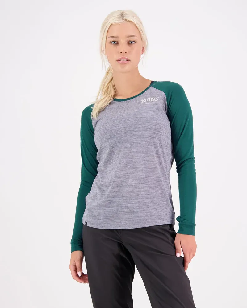 Mons Royale Women's Icon Raglan Grey Heather / Evergreen