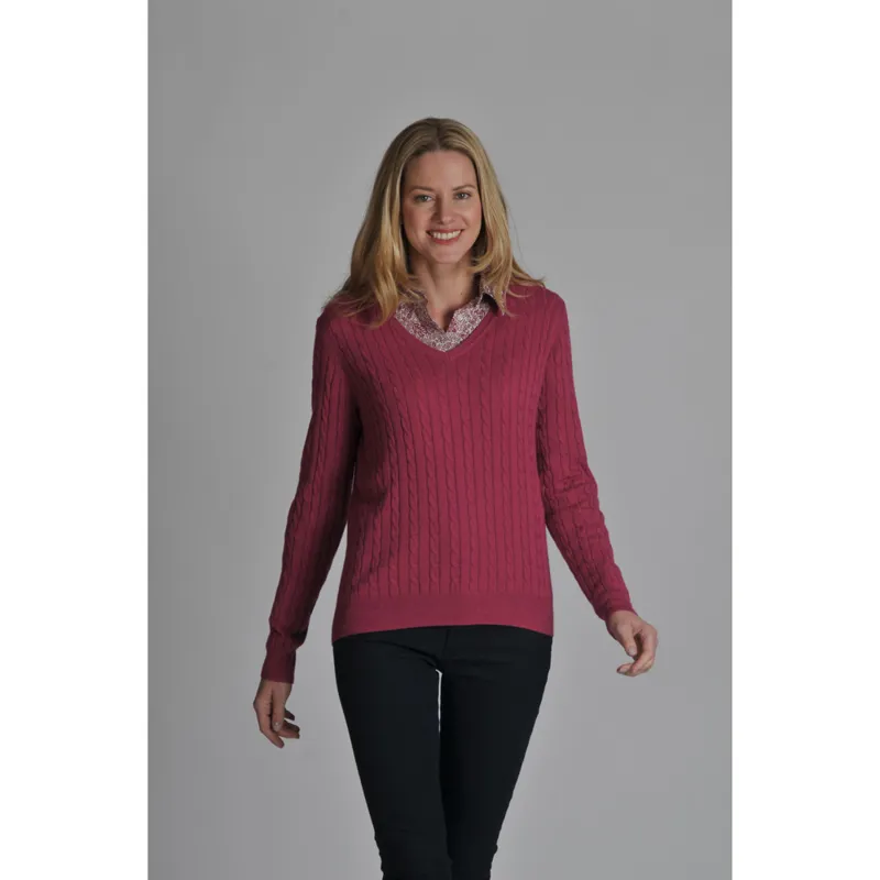 Schoffel Womens Cotton Cashmere Cable V Neck Sweater Raspberry-1
