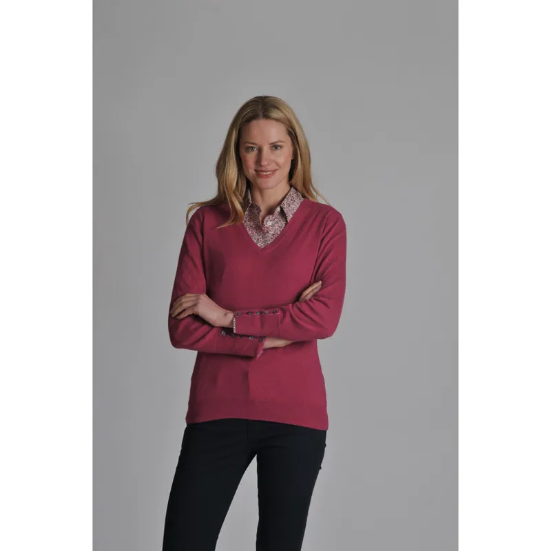 Schoffel Womens Cotton Cashmere Cable V Neck Sweater Raspberry-2