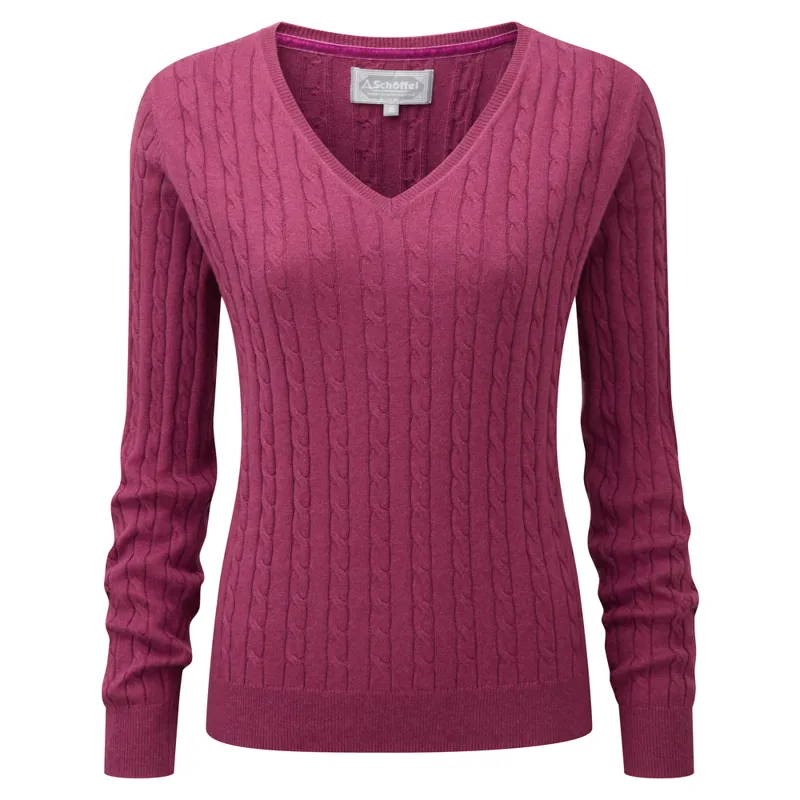 Schoffel Womens Cotton Cashmere Cable V Neck Sweater Raspberry