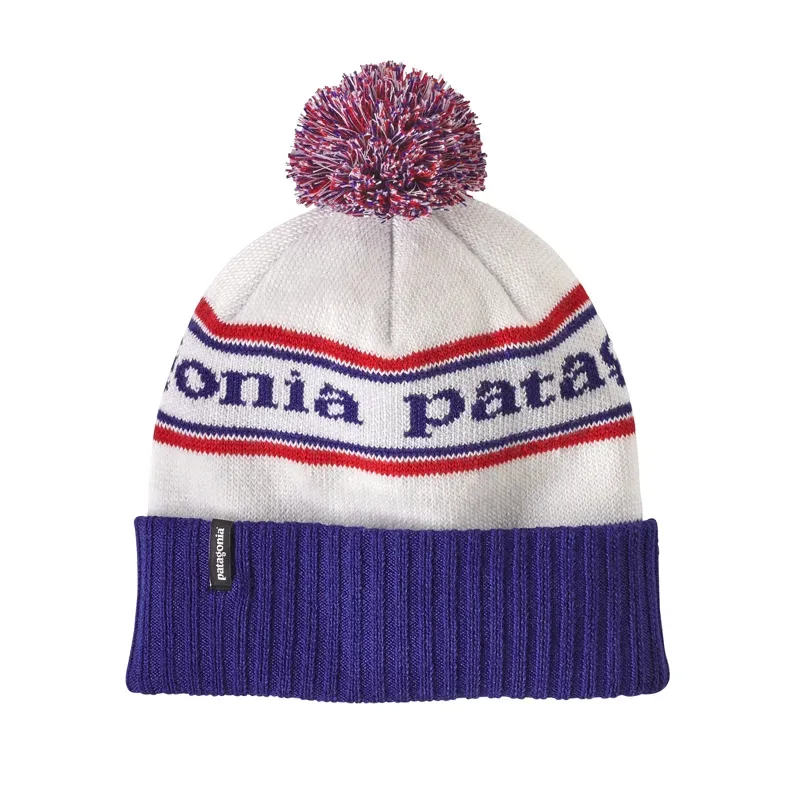 Patagonia Powder Town Beanie in Hut Tripper Logo: Mako Blue
