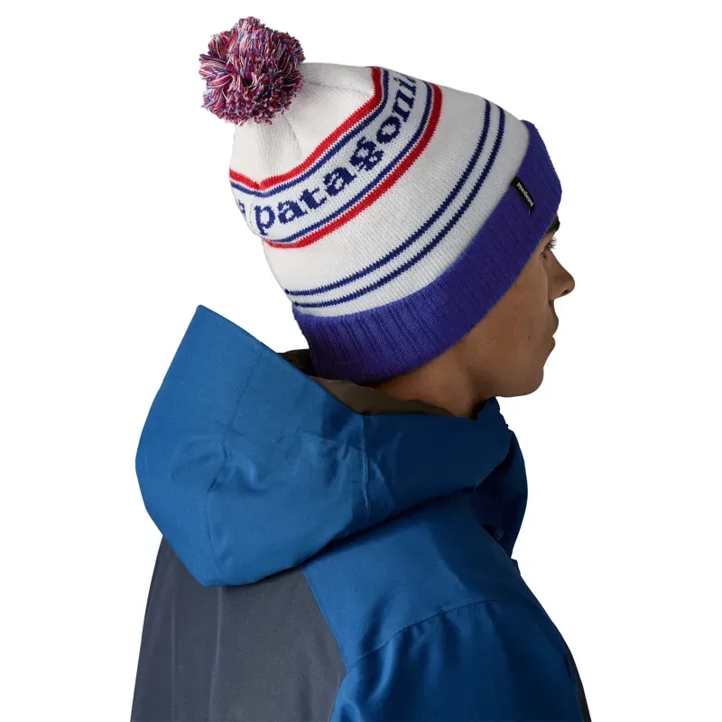 Patagonia Powder Town Beanie in Hut Tripper Logo: Mako Blue-2