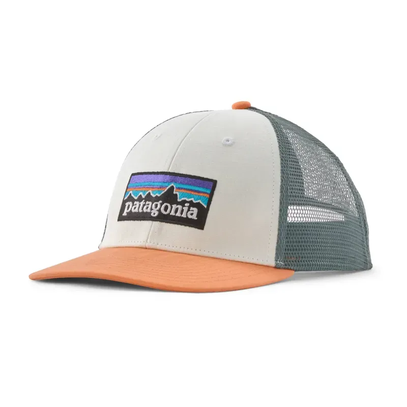 Patagonia P-6 Logo LoPro Trucker Hat in White/Peach Sherbet