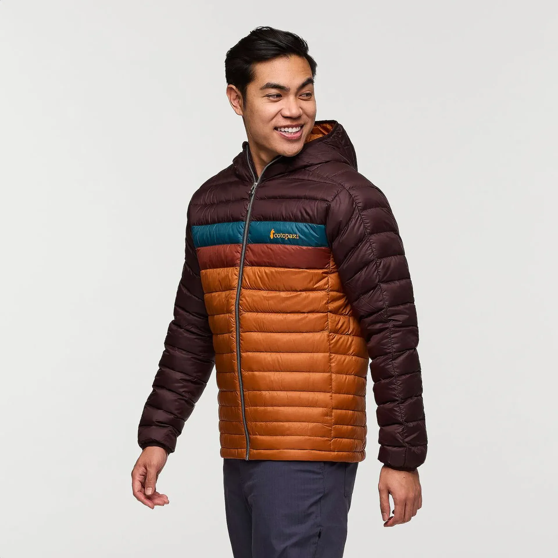 Cotopaxi Men s Fuego Down Hooded Jacket Coffee and Sienna
