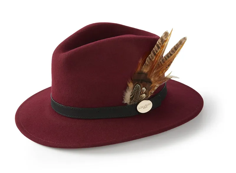Hicks and Brown Suffolk Fedora in Maroon - Gamebird Feather