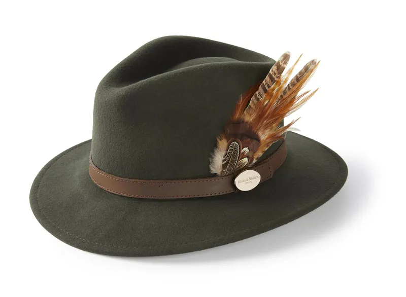 Hicks and Brown Suffolk Fedora in Olive Green - Gamebird Feather