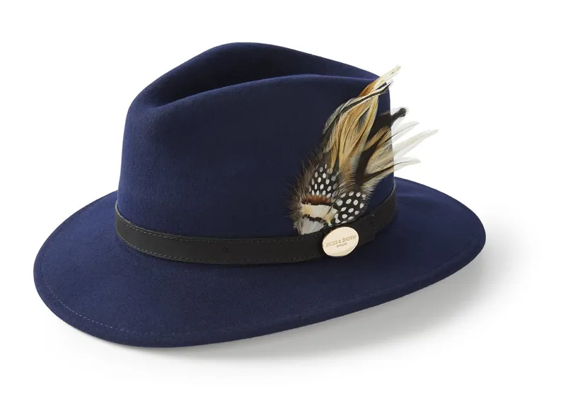 Hicks and Brown Suffolk Fedora in Navy - Guinea and Pheasant Feather