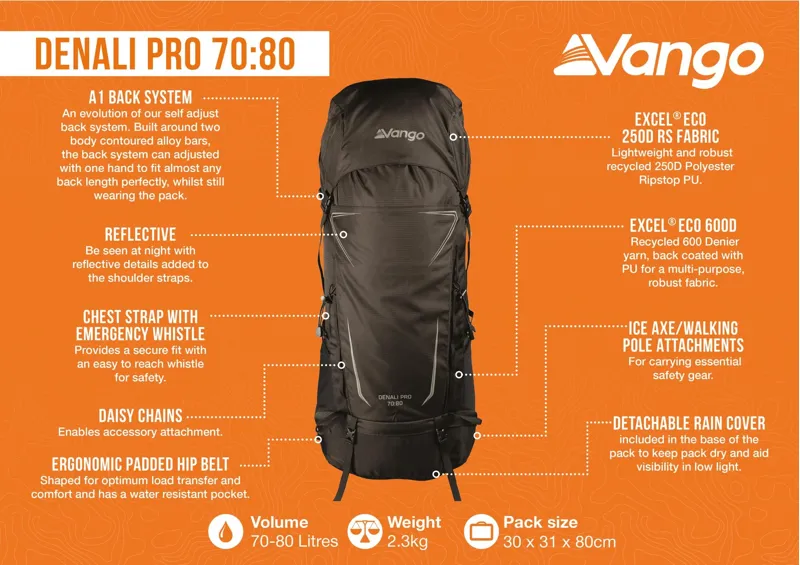 Vango Denali Pro Rucksack 60:70 - Black-1
