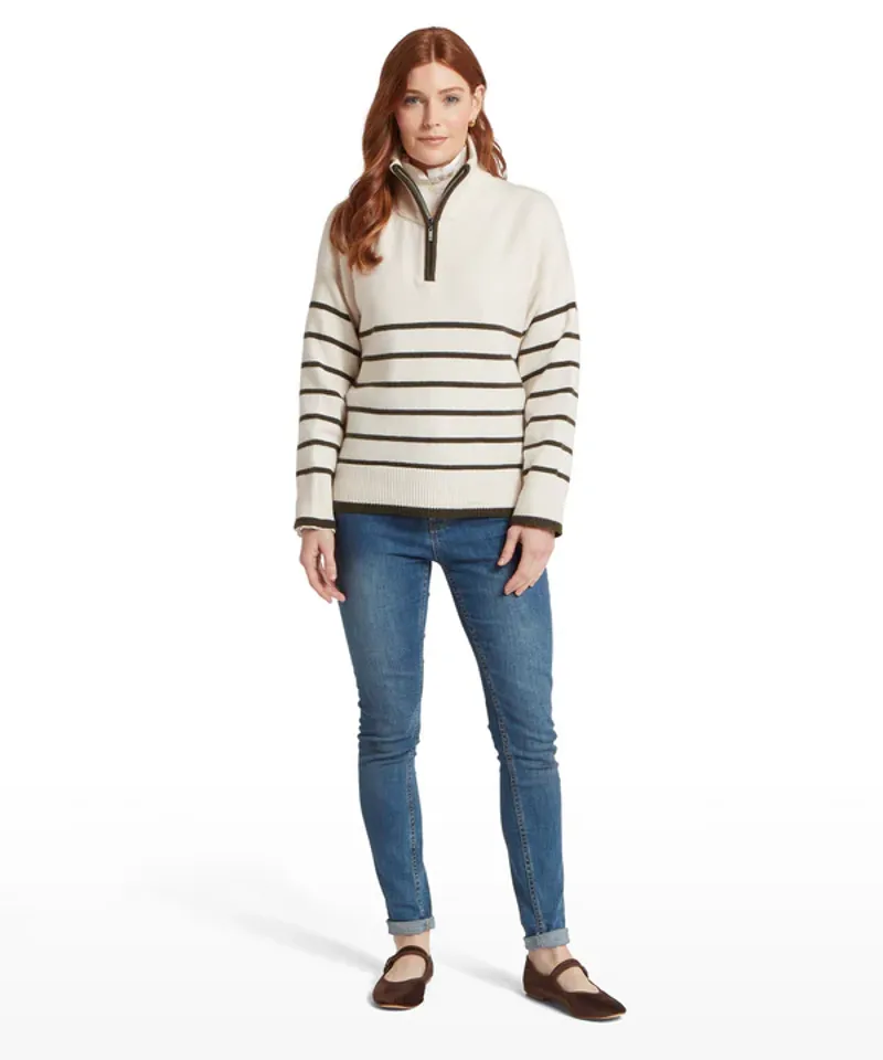 Schoffel Women's Sandsend 1/4 Zip Jumper Soft White/Loden-2