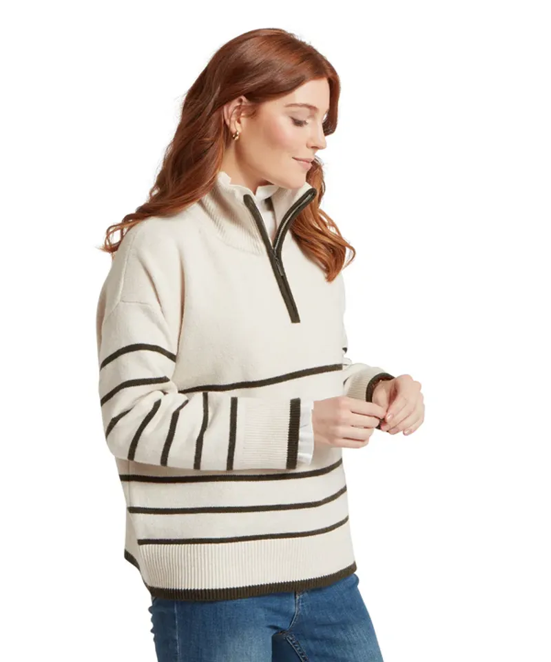 Schoffel Women's Sandsend 1/4 Zip Jumper Soft White/Loden-3