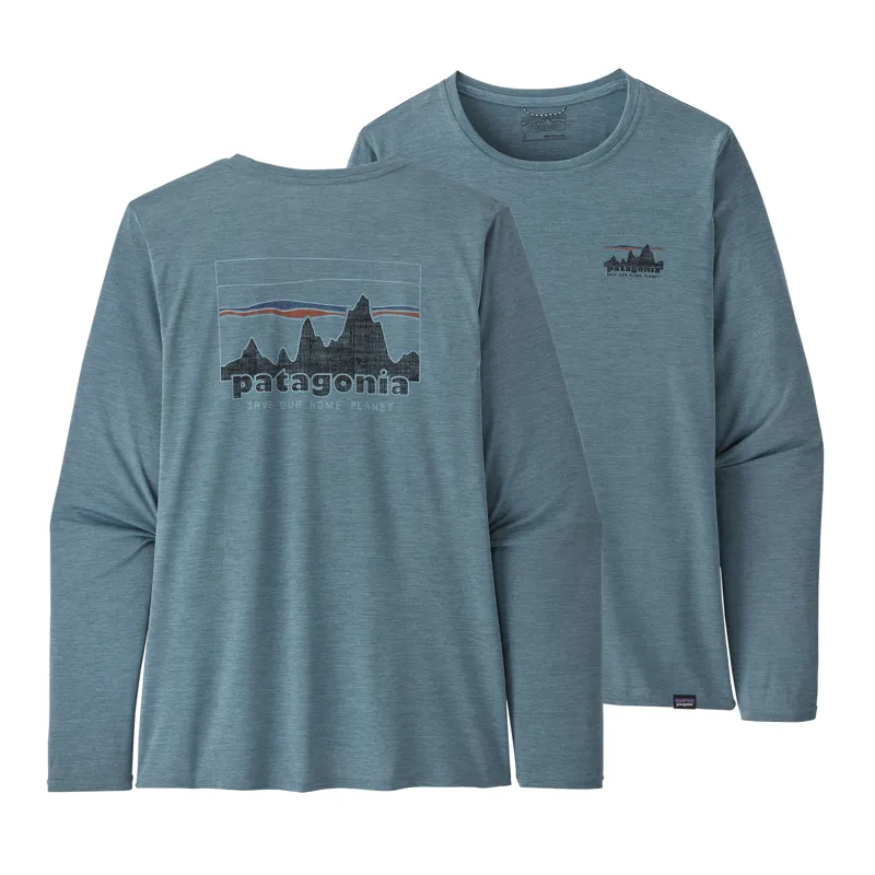Patagonia Womens' Capilene Cool Long Sleeve Graphic Shirt in '73 Skyline: Light Plume Grey X-Dye