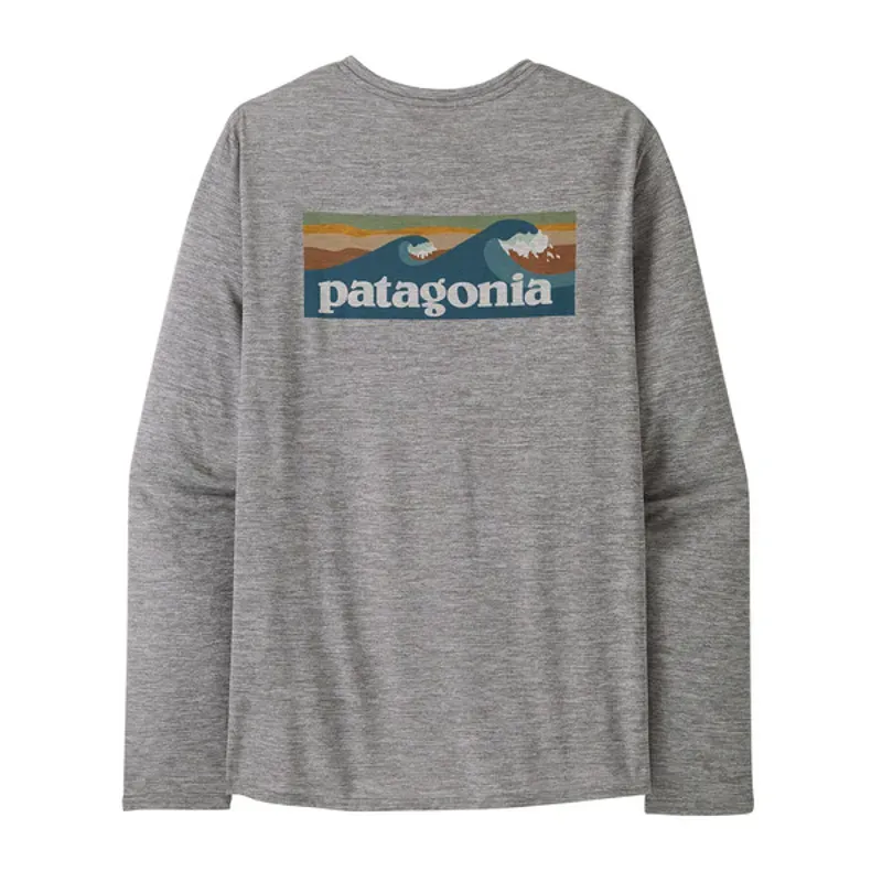 Patagonia Mens  L/S Capilene Cool Daily Waters Shirt - Boardshort Logo Abalone Blue: Feather Grey